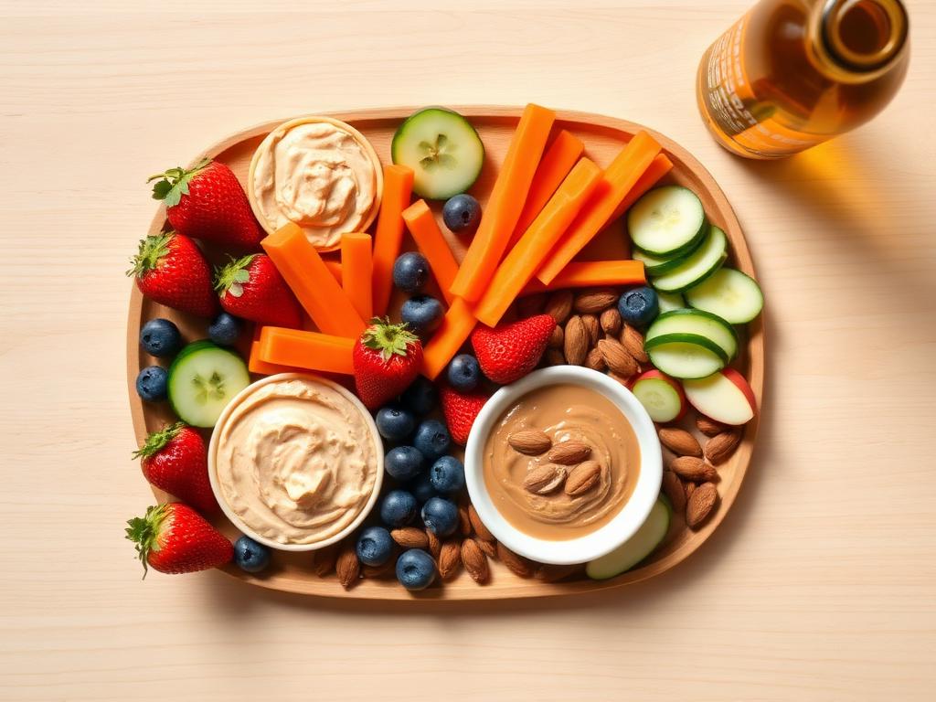 A platter of healthy kid snacks: berries, cucumber, carrots, hummus, almonds and water