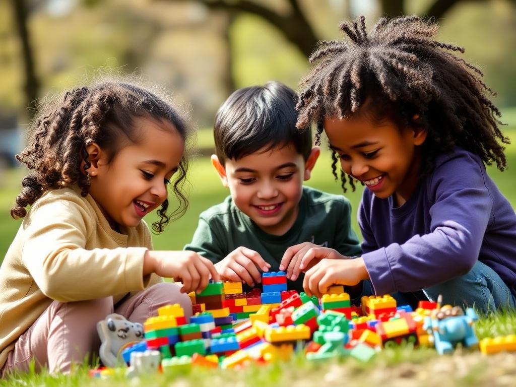 Three young kids collaborating on a colorful LEGO build outdoors
